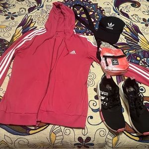 Adidas bundle Jacket L, Shoes 9.5 10, Purse and Hat set!